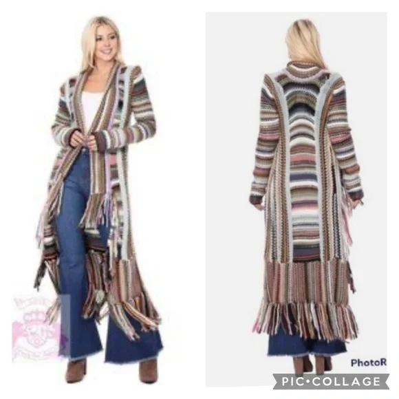 Boston Proper Fringed Ivory Multicolored Striped Open Duster Cardigan Size Small - Picture 14 of 15